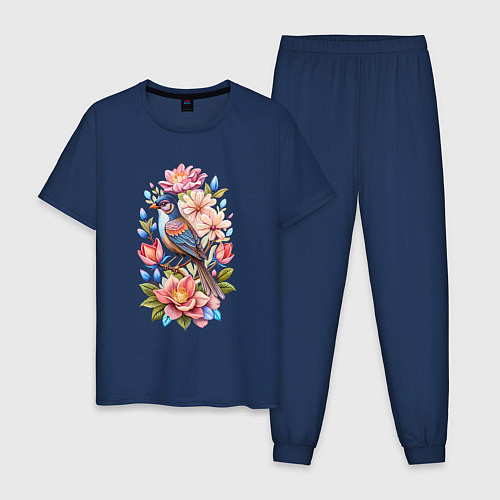 Мужская пижама Птица Калипта Анны среди цветов / Тёмно-синий – фото 1