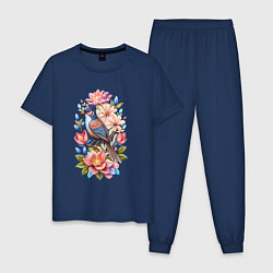 Пижама хлопковая мужская Птица Калипта Анны среди цветов, цвет: тёмно-синий