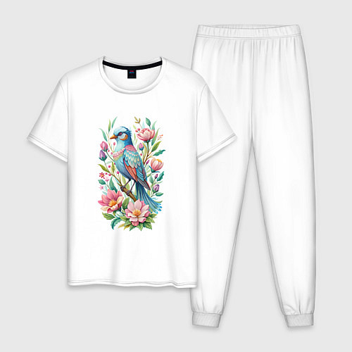 Мужская пижама Красивая голубая птица среди цветов / Белый – фото 1