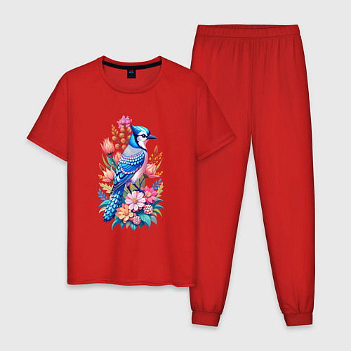 Мужская пижама Голубая сойка среди цветов / Красный – фото 1