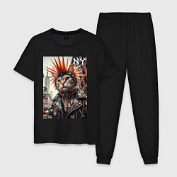 Пижама хлопковая мужская Котяра панк из Нью-Йорка - нейросеть, цвет: черный