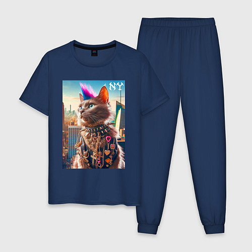 Мужская пижама Funny cat punk from New York - ai art / Тёмно-синий – фото 1