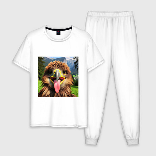 Мужская пижама Забавный орел с высунутым языком в горах / Белый – фото 1