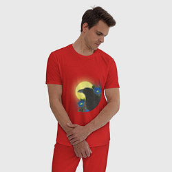 Пижама хлопковая мужская Чёрный ворон на ветке под луной, цвет: красный — фото 2