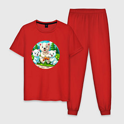 Пижама хлопковая мужская Белые медведи летом, цвет: красный