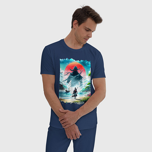 Мужская пижама Призрак Цусимы - самурай на берегу озера / Тёмно-синий – фото 3