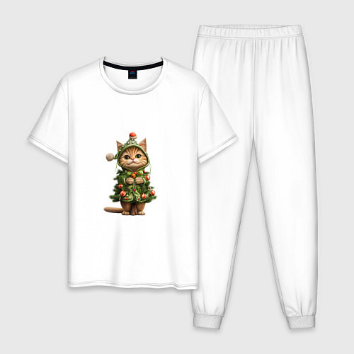 Мужская пижама Кот в костюме новогодней елки / Белый – фото 1