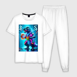 Пижама хлопковая мужская Неоновый кибер пивозавр - нейроарт, цвет: белый