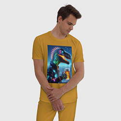 Пижама хлопковая мужская Крутой неоновый пивозавр в мегаполисе - киберпанк, цвет: горчичный — фото 2