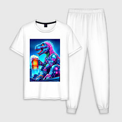Пижама хлопковая мужская Cyber tyrannosaur with a mug of beer - ai art fant, цвет: белый