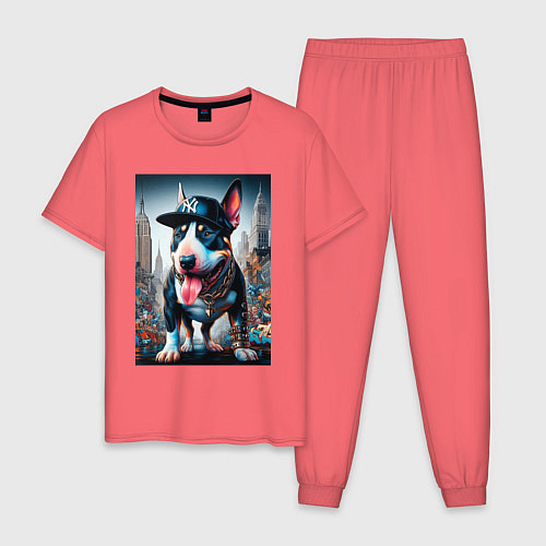 Мужская пижама Funny bull terrier in New York - ai art / Коралловый – фото 1