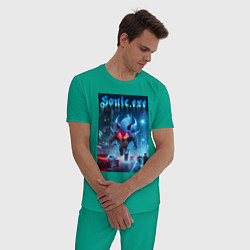 Пижама хлопковая мужская Ёжик монстр в ночном мегаполисе - неоновое свечени, цвет: зеленый — фото 2