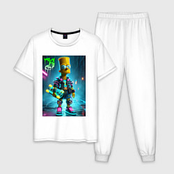 Пижама хлопковая мужская Барт Симпсон со скейтбордом под проливным дождём -, цвет: белый