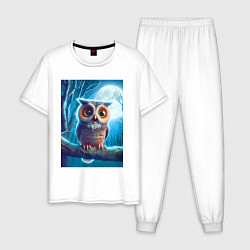 Пижама хлопковая мужская Милый совёнок на фоне луны - нейроарт фантазия, цвет: белый