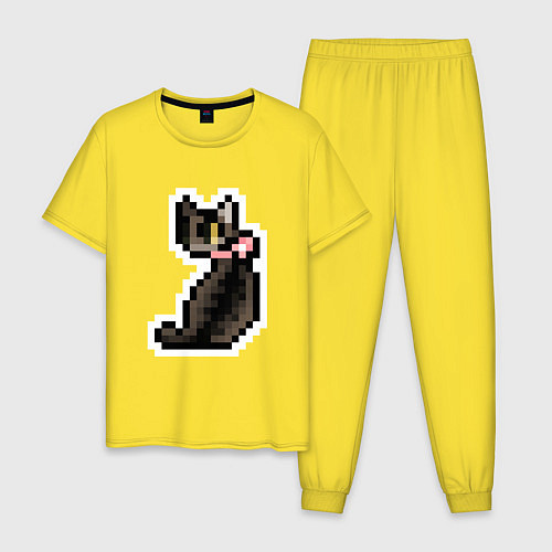 Мужская пижама Милая пиксельная кошка с розовым ошейником / Желтый – фото 1