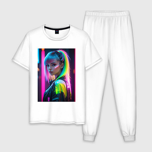 Мужская пижама Киберпанк девушка с зеленым хвостом / Белый – фото 1
