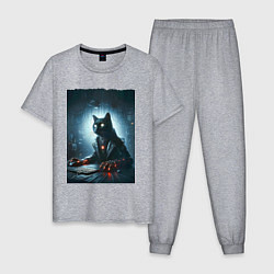 Пижама хлопковая мужская Кибер кот за компьютером - неоновое свечение, цвет: меланж