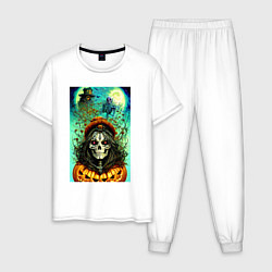 Пижама хлопковая мужская Скелет ведьмы - хэллоуин, цвет: белый