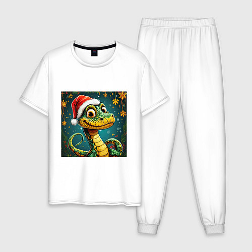 Мужская пижама Новогодняя змейка в красной шапке / Белый – фото 1