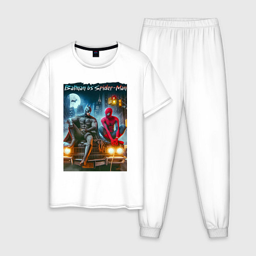 Мужская пижама Разговор Бэтмена и человека паука на капоте автомо / Белый – фото 1