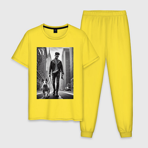 Мужская пижама Чувак с бультерьером - Нью-Йорк / Желтый – фото 1