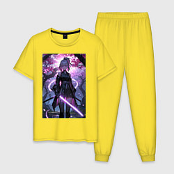 Мужская пижама Девушка с катаной на фоне цветущей сакуры