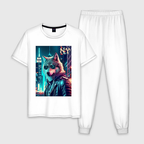 Мужская пижама Крутой волчара в ночном Нью-Йорке - нейроарт / Белый – фото 1