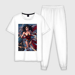 Пижама хлопковая мужская Чудо-женщина на крыше с городским фоном, цвет: белый