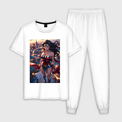 Пижама хлопковая мужская Чудо-женщина на крыше с городским фоном в стиле ко, цвет: белый