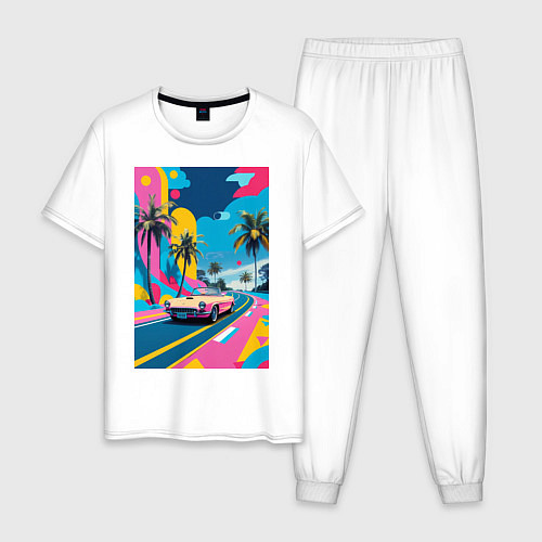 Мужская пижама Кабриолет едет по тропическому острову в стиле Куб / Белый – фото 1