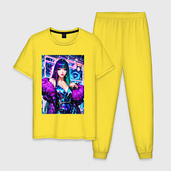 Пижама хлопковая мужская Девушка поп идол в мехах, цвет: желтый