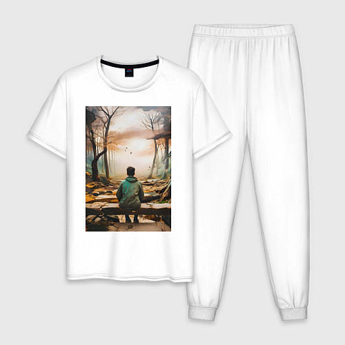 Мужская пижама Мальчик на скамейке / Белый – фото 1