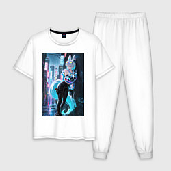 Пижама хлопковая мужская Лиса наемник в стиле Cyberpunk, цвет: белый