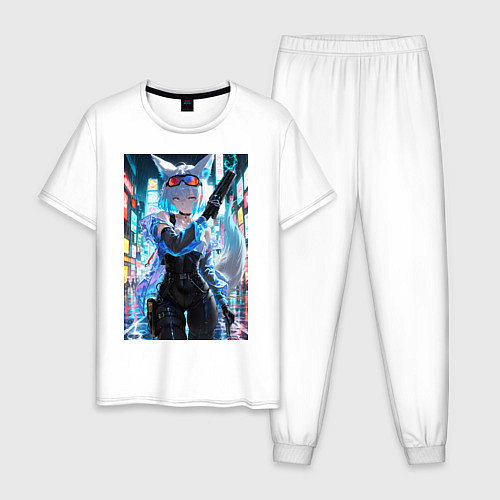 Мужская пижама Лиса наемник в стиле Cyberpunk / Белый – фото 1