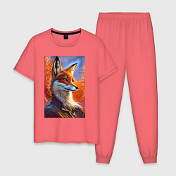 Пижама хлопковая мужская Fox fashionista - ai art fantasy, цвет: коралловый