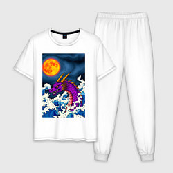 Пижама хлопковая мужская Японский фиолетовый дракон, цвет: белый