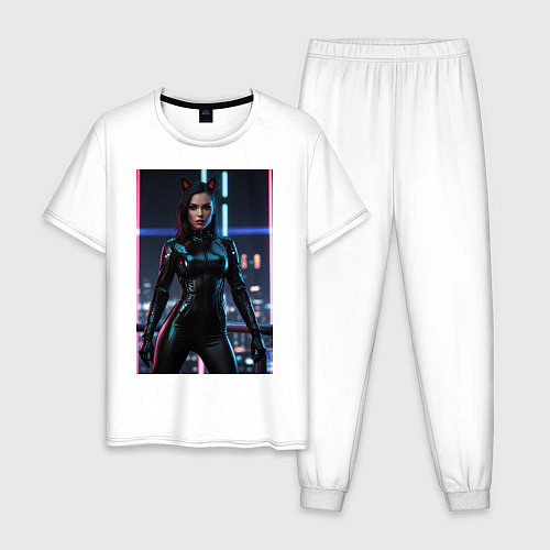 Мужская пижама Девушка с кошачьими ушами стоит на фоне небоскребо / Белый – фото 1