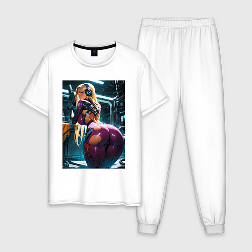Мужская пижама Девушка с оружием в киберпанк стиле / Белый – фото 1