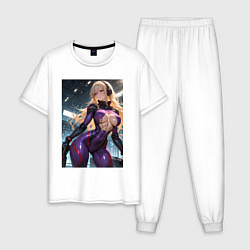 Пижама хлопковая мужская Девушка с оружием в киберпанк стиле, цвет: белый