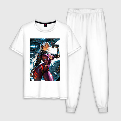 Мужская пижама Девушка с оружием в киберпанк стиле / Белый – фото 1