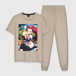 Пижама хлопковая мужская Джесси и Мяут на пикнике, цвет: миндальный