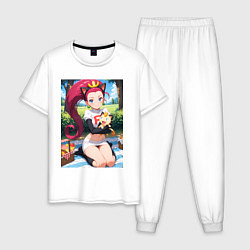 Пижама хлопковая мужская Джесси и Мяут на пикнике, цвет: белый