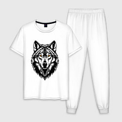 Пижама хлопковая мужская Волк с желтыми глазами, цвет: белый