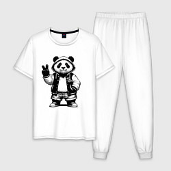 Пижама хлопковая мужская Крутой панда - жест победы, цвет: белый