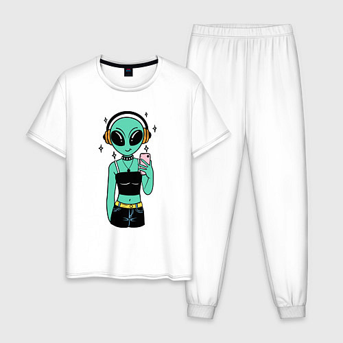 Мужская пижама Девочка инопланетянин с телефоном / Белый – фото 1