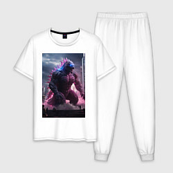 Пижама хлопковая мужская Годзилла посреди мегаполиса, цвет: белый