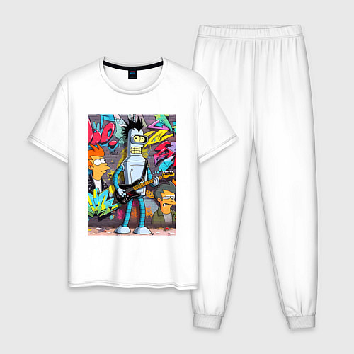 Мужская пижама Бендер с гитарой и Фрай - граффити / Белый – фото 1