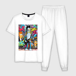 Пижама хлопковая мужская Бендер с гитарой и Фрай - граффити, цвет: белый