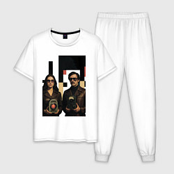 Пижама хлопковая мужская Мужчина и женщина с гаджетами поп-арт ретро-футури, цвет: белый