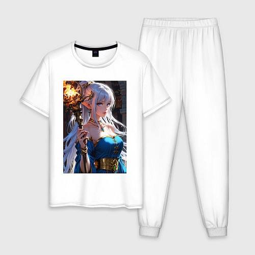 Мужская пижама Прекрасная эльфийка-маг с шаром огня / Белый – фото 1